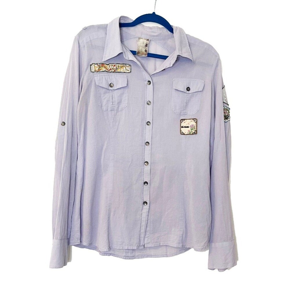 Da-Nang Lavender Patch Button Up Shirt Boho Utility Top Cotton Long Sleeve Large